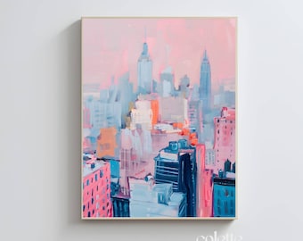Pastel New York painting Printable wall art New York city painting NYC landscape Pink New York skyline poster Girly artwork 288