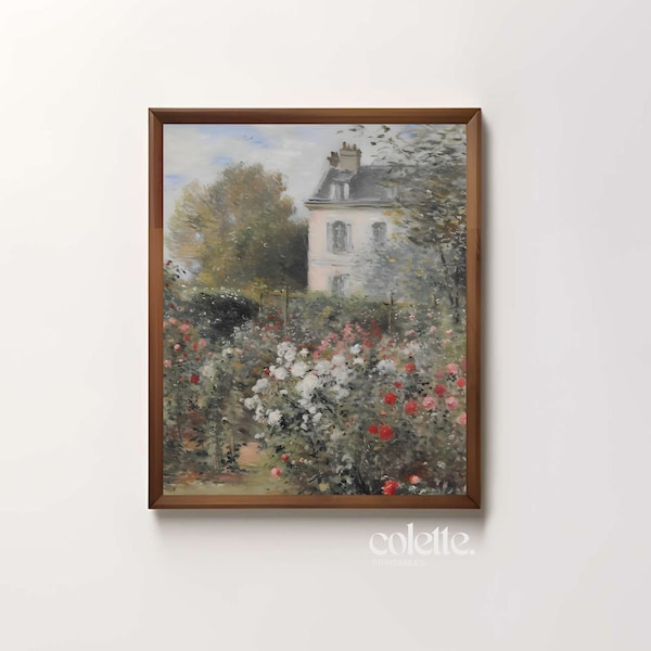 Cottage in rose garden vintage oil painting | French cottage PRINTABLE wall art | Digital download |Dining room decor | French Countryside