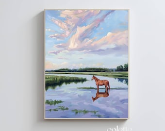Horse painting Lake landscape wall art Printable march landscape Swimming horse print Wetland landscape 113
