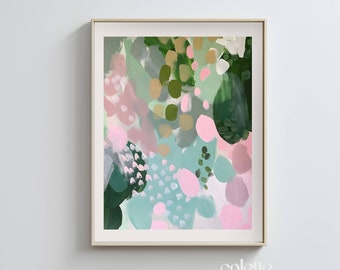 Abstract Floral blossom painting | PRINTABLE wall art |Digital download |Living room decor|Pink,green and turquoise flower blossom artwork 2