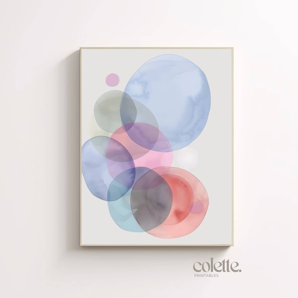 Blue bubbles abstract painting Modern colorful circle wall art Printable watercolor artwork Nursery decor  Living room decor Fluid print 098