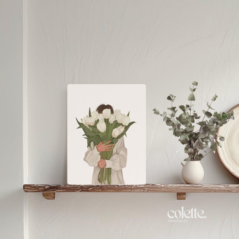 May include: A digital illustration of a person holding a bouquet of white tulips. The person is wearing a white shirt and the background is white.