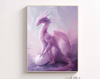 Pastel Dragon Painting: Girly Fantasy Art Print, Pink dragon egg wall art (Digital Download) 146