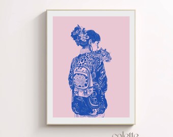 Leopard and girl poster Printable wild cat wall art Pink leopard pop art print Cat lady artwork Girlie painting Leopard print Risograph 161