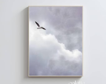 Seagull flying painting Gray cloudy sky art print (Digital download) 201