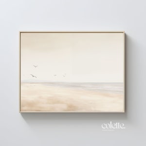 Coastal beach oil painting, Printable wall art, Digital download, Sandy beach with seagulls, Neutral colors Nautical sea landscape,