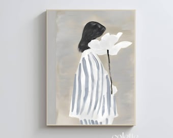 Woman in Stripes Oil Painting White Flower Wall Art Floral Posters Woman Portrait Printable Subtle Color Home Decor Artwork Beige Print 056