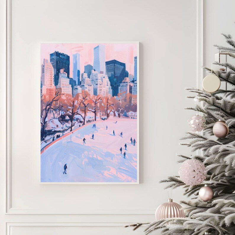 New York Ice Skating Painting Printable NYC Skyline Wall Art Christmas ...