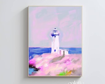 Lighthouse painting Printable seascape nautical summer wall art Blue ocean Lighthouse poster Summertime print Girly beach house artwork 138