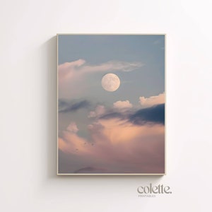 Pink sunset clouds full moon poster Blue sky and pink clouds photo Romantic sky photography Moon wall art Living room decor Moon artwork 104