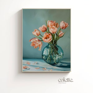 Cuadro de tulipanes en jarrón Arte de pared con ramo de tulipanes naranjas para imprimir Póster de flores de color melocotón claro Impresión de jarrón verde moderno Obra de arte de flor de tulipán