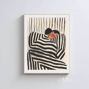 Frau in Streifen abstrakte Malerei | DRUCKBARE Wandkunst |Digitaler Download |Dekoration Wohnzimmer| Abstrakter Schwarz-Weiß-Druck einer tanzenden Frau