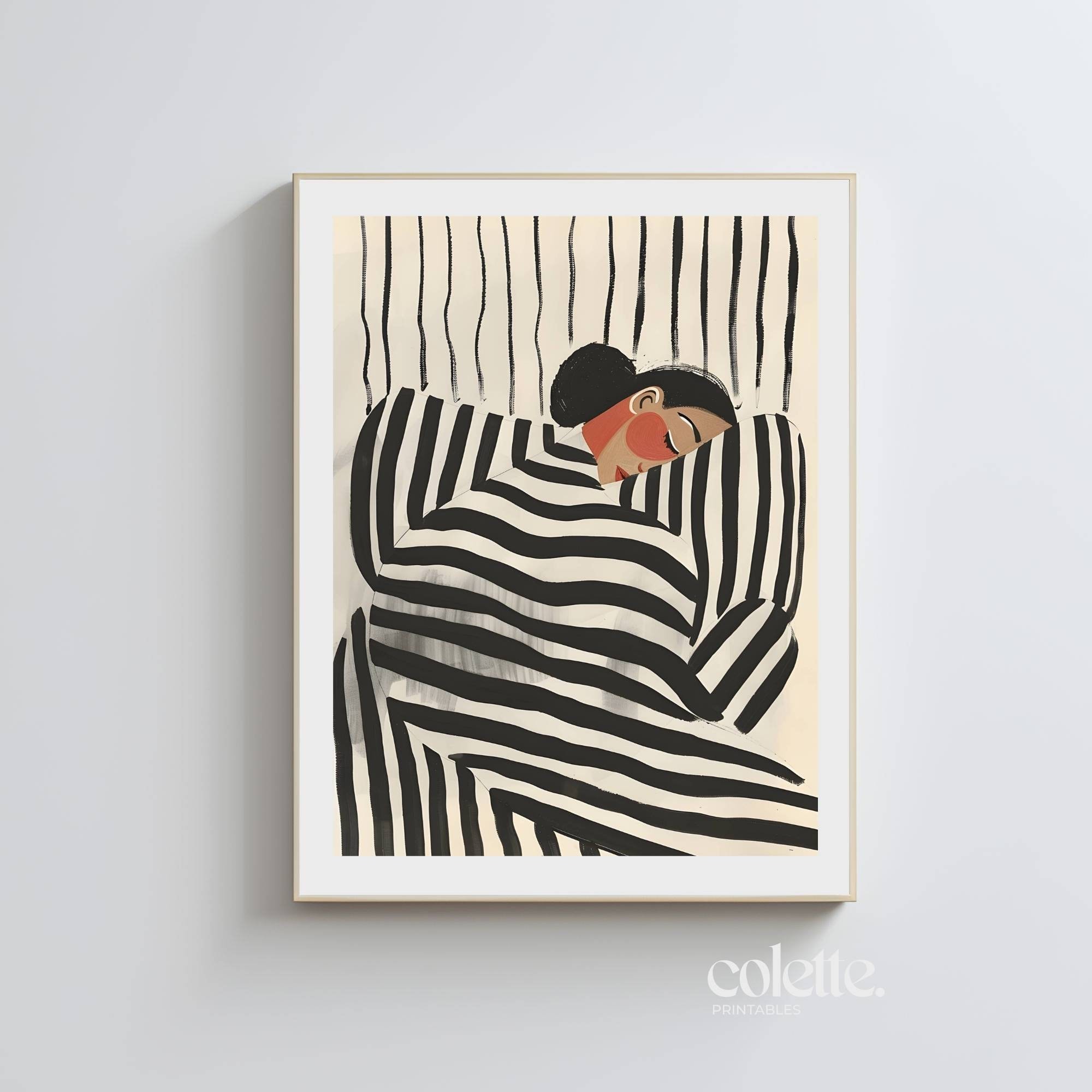 Woman in stripes abstract painting | PRINTABLE wall art |Digital download |Living room decor| Black & white abstract print of woman dancing