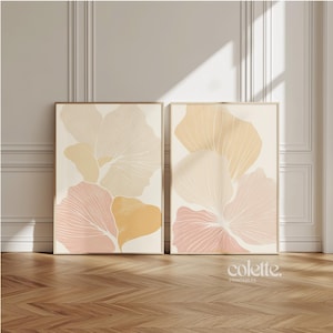 2er Set Blumen Gemälde Blush rosa Blatt Wandkunst Druckbares beiges Blumen Poster Blumenbild dezent Orange über dem Bett Kunstwerk Passender Druck 217