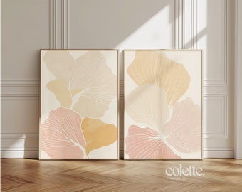 Set of 2 flower painting Blush pink leaf wall art Printable beige floral poster Floral subtle Orange above bed artwork Matching print 217