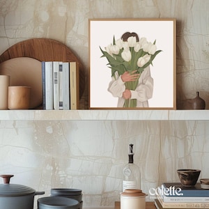 May include: A digital illustration of a person holding a bouquet of white tulips. The person is wearing a white shirt and the background is white.