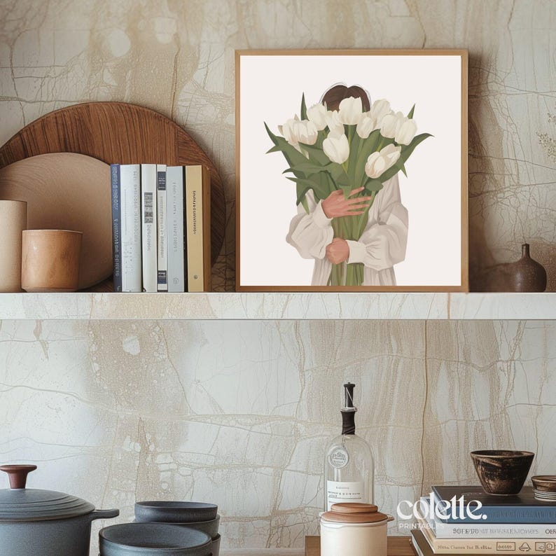 May include: A digital illustration of a person holding a bouquet of white tulips. The person is wearing a white shirt and the background is white.