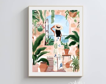 Girl vacation painting| PRINTABLE wall art | Digital download | Living room decor| Watercolor painting, Green plants, Woman in summer 1