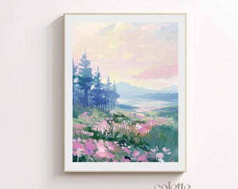 Spring meadow painting Printable spring landscape Mountain scene wall art Spring valley print Spring flower scenery Colorful spring lake 136