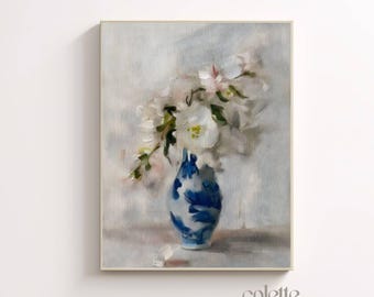 Peonies Oil Painting Print: White Floral Bouquet, Blue Vase (Digital Download)