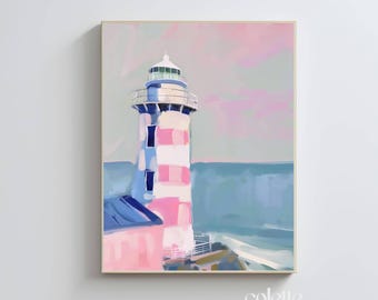 Pink striped lighthouse painting Printable seascape nautical summer wall art Pastel ocean Lighthouse poster Girly beach house artwork 137