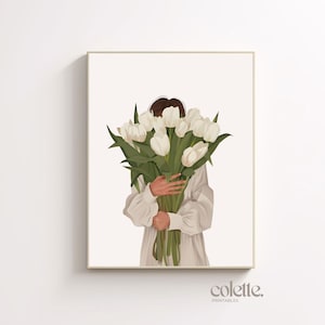 Frau mit Tulpen Blumenstrauß Poster Frau mit Tulpen Blumenbild Niedliches Blumenbild Girly Dekor Girliebild 110
