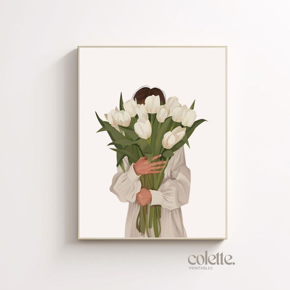 Woman with tulips painting Printable white flower poster Girl with tulip bouquet artwork Cute floral wall art Girly decor Girlie artwork 110