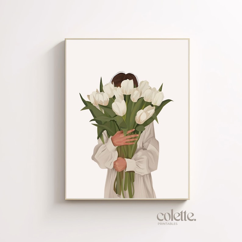 May include: A woman in a white dress holds a bouquet of white tulips in front of her face.