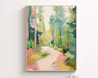 Colorful forest painting Printable summer forest landscape wall art Enchanted forest Girlie artwork Spring pink pastel forest 135