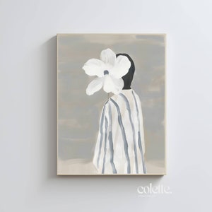 Frau in Streifen Malerei weiße Blume druckbare Wandkunst Blumen Poster Frau Ölgemälde subtile Farbe Wohnkultur Kunstwerk Beige Druck 055