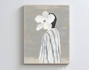 Woman in Stripes Painting White Flower Printable Wall Art Floral Posters Woman Oil Painting  Subtle Color Home Decor Artwork Beige Print 055