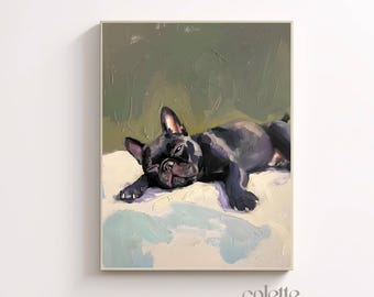 French bulldog painting Printable pet portrait wall art Funny dog poster Frenchie owner gift Sleeping dog artwork Black bulldog print 177