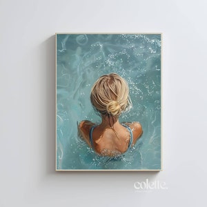 Woman swimming painting | PRINTABLE wall art |Digital download |Living room decor| Blonde girl swimming in blue sea painting poster