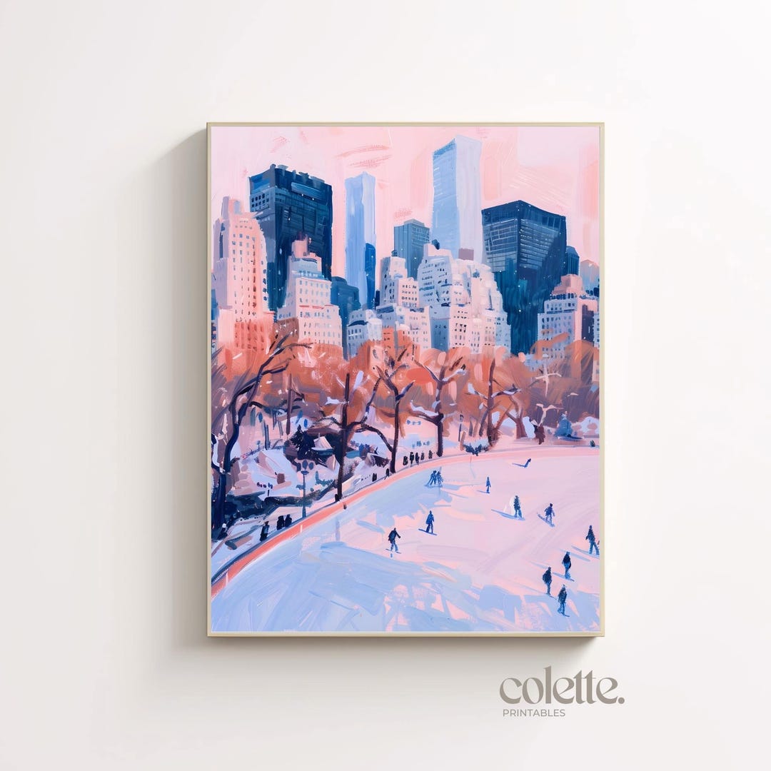 New York Ice Skating Painting Printable NYC Skyline Wall Art Christmas ...