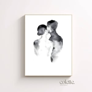 Pintura de acuarela de pareja abstracta Arte de pared de amantes Póster de figura moderna Decoración de pared de amor imprimible Obra de arte figurativa negra Impresión simple 028