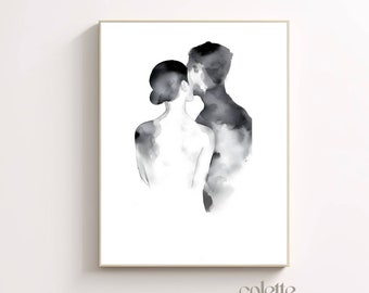 Abstract couple watercolor painting Lovers wall art Modern figure poster Printable love wall decor Black figurative artwork Simple print 028