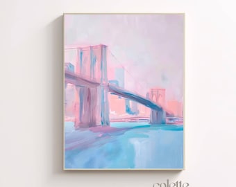 Brooklyn bridge painting Printable cityscape wall art Pastel New York painting NYC landscape Bridge painting Pink New York Girly artwork 287