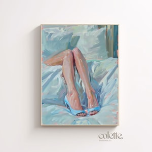 Woman legs lying on bed painting Printable female feet wall art Fashion painting  Pin up high heels artwork Coquette girlie room decor 272