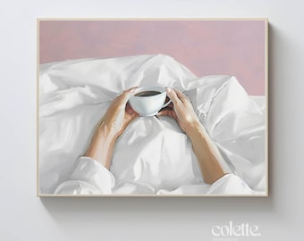 Coffee in bed painting Printable wall art Breakfast in bed art print 005