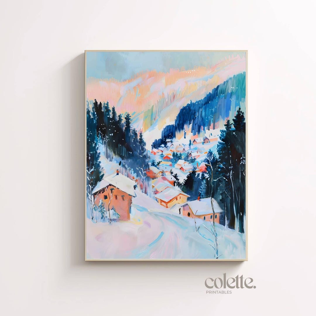 Snowy Mountain Village Painting Winter Landscape Printable Winter ...