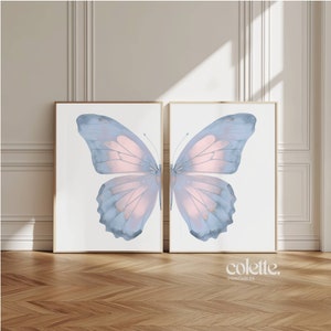 Blue Pink Split Butterfly Wall Art Set of 2 Butterfly Wings Painting Printable Butterfly Wall Decor Animal Blue Print Artwork Nursery Decor