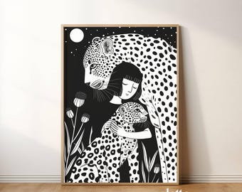 Leopard and girl poster Printable wild cat wall art Black and white drawing Leopard print Cat girl artwork Girlie painting Risograph 119