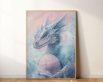 Pastel Dragon Painting: Girly Fantasy Art Print, Baby dragon egg wall art (Digital Download) 150