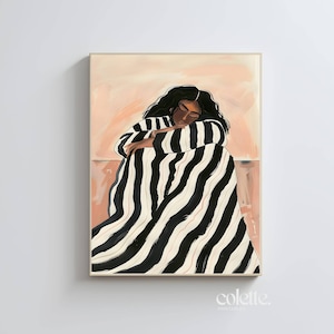 Dunkle Hautfarbe Frau Gemälde Schwarz und Weiß Streifen Wand Kunst Schwarze Afro Frau Poster Moderne Wand Dekor Stimmungsvolles Kunstwerk Black Queen Printable 048