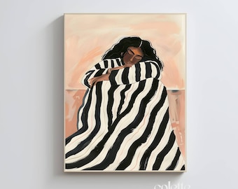Dark Skin Woman Painting Black and White Stripe Wall Art Black Afro Woman Poster Modern Wall Decor Moody Artwork Black Queen Printable 048