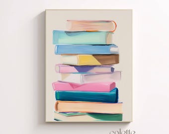 Books painting Printable stack of books wall art Colorful books still life poster Book lover gift  Spring artwork Girlie pastel print 134