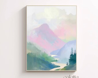 River valley painting Printable river landscape Mountain scene wall art Spring meadow print Summer forest scenery Mountain sunset print 144