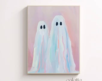 Pastel ghost painting Pink halloween poster Two ghosts printable spooky wall art Halloween decor Haunted print Girly halloween artwork 210