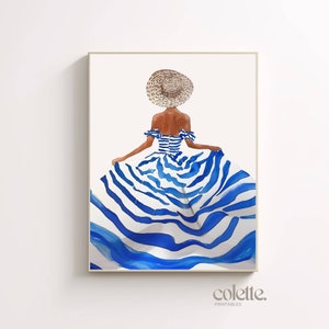 Vrouw in blauwe jurk muurkunst mode aquarel schilderij afdrukbare mode poster zomer gestreepte jurk illustratie zomervakantie print 062