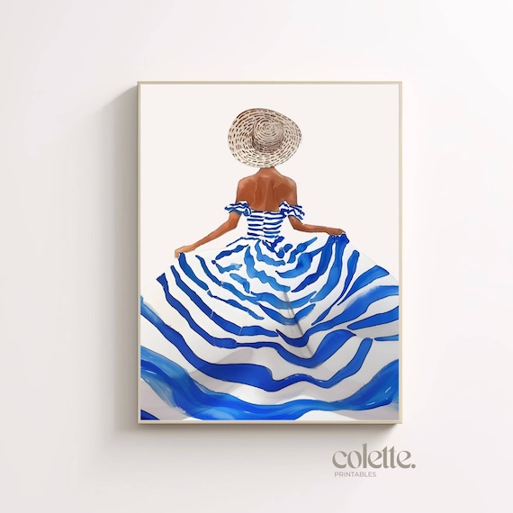 Woman in Blue Dress Wall Art Fashion Watercolor Painting Printable Fashion  Poster Summer Stripe Dress Illustration Summer Vacation Print 062 - Etsy